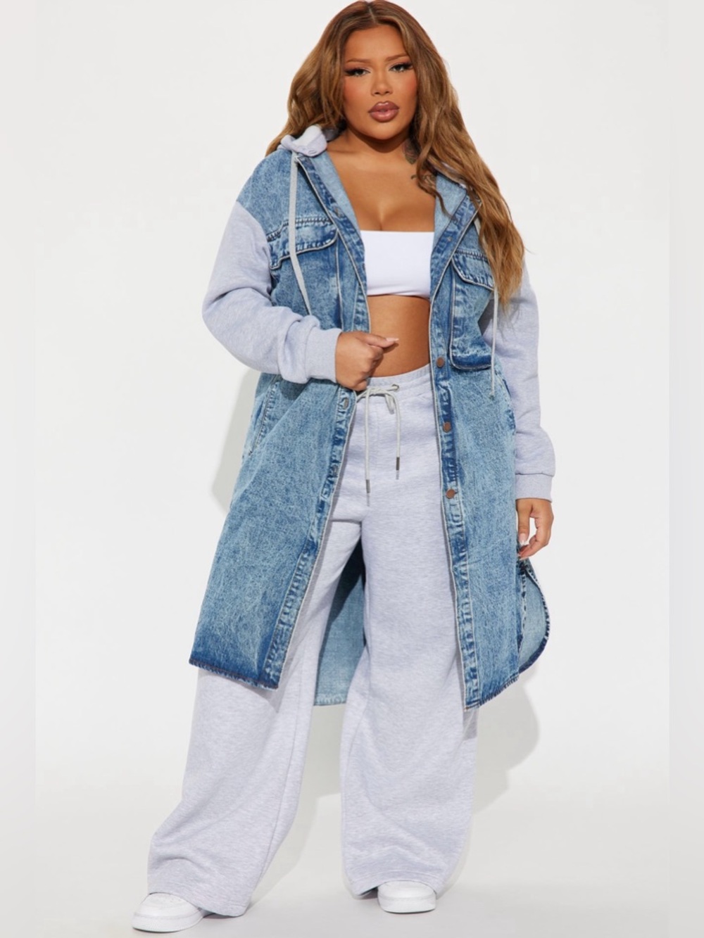 Women Long Denim Duster Jacket Hooded Two Tone Coat Blue Streetwear Layered NWT - Picture 4 of 5